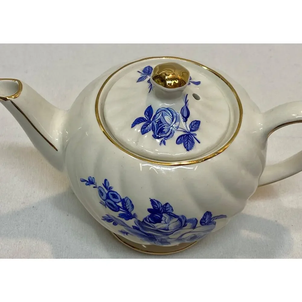 Windsor England Blue White Floral Teapot Individual Size Gold Trim